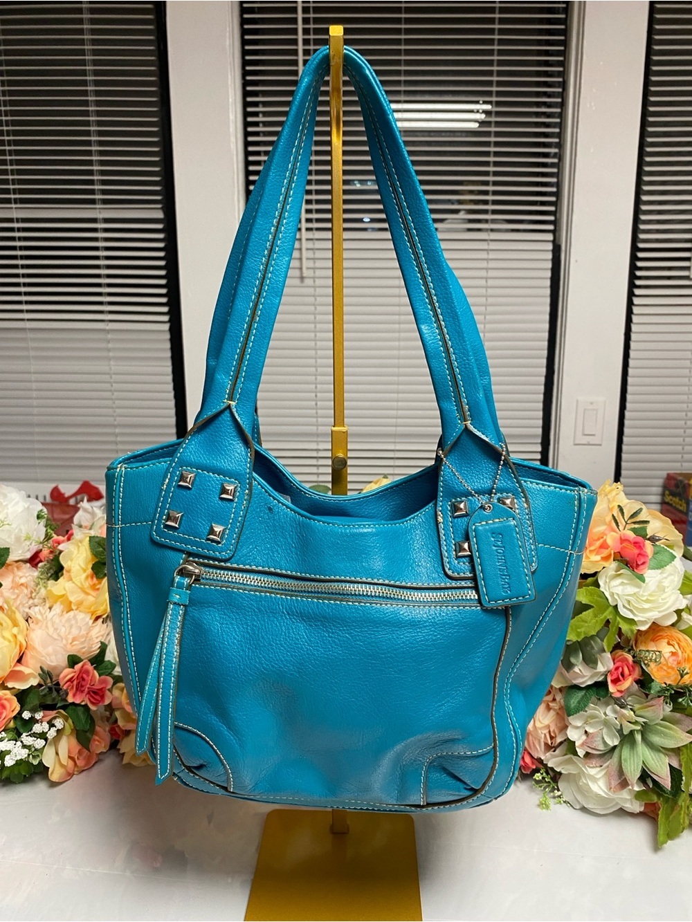 St. John’s Bay Genuine Leather Studded Shoulder Tote Turquoise, Pink Lined Bag